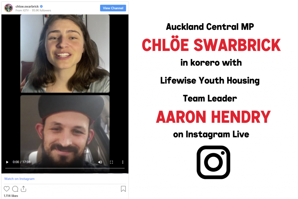 Screenshot of Auckland Central MP Chloe Swarbrick in korero with Lifewise Youth Housing Team Leader Aaron Hendry on Instagram Live
