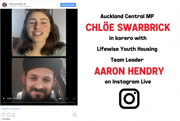 Screenshot of Auckland Central MP Chloe Swarbrick in korero with Lifewise Youth Housing Team Leader Aaron Hendry on Instagram Live