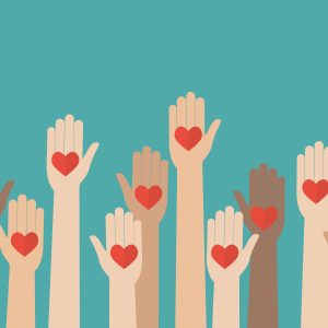 illustration of raised hands with hearts for volunteering