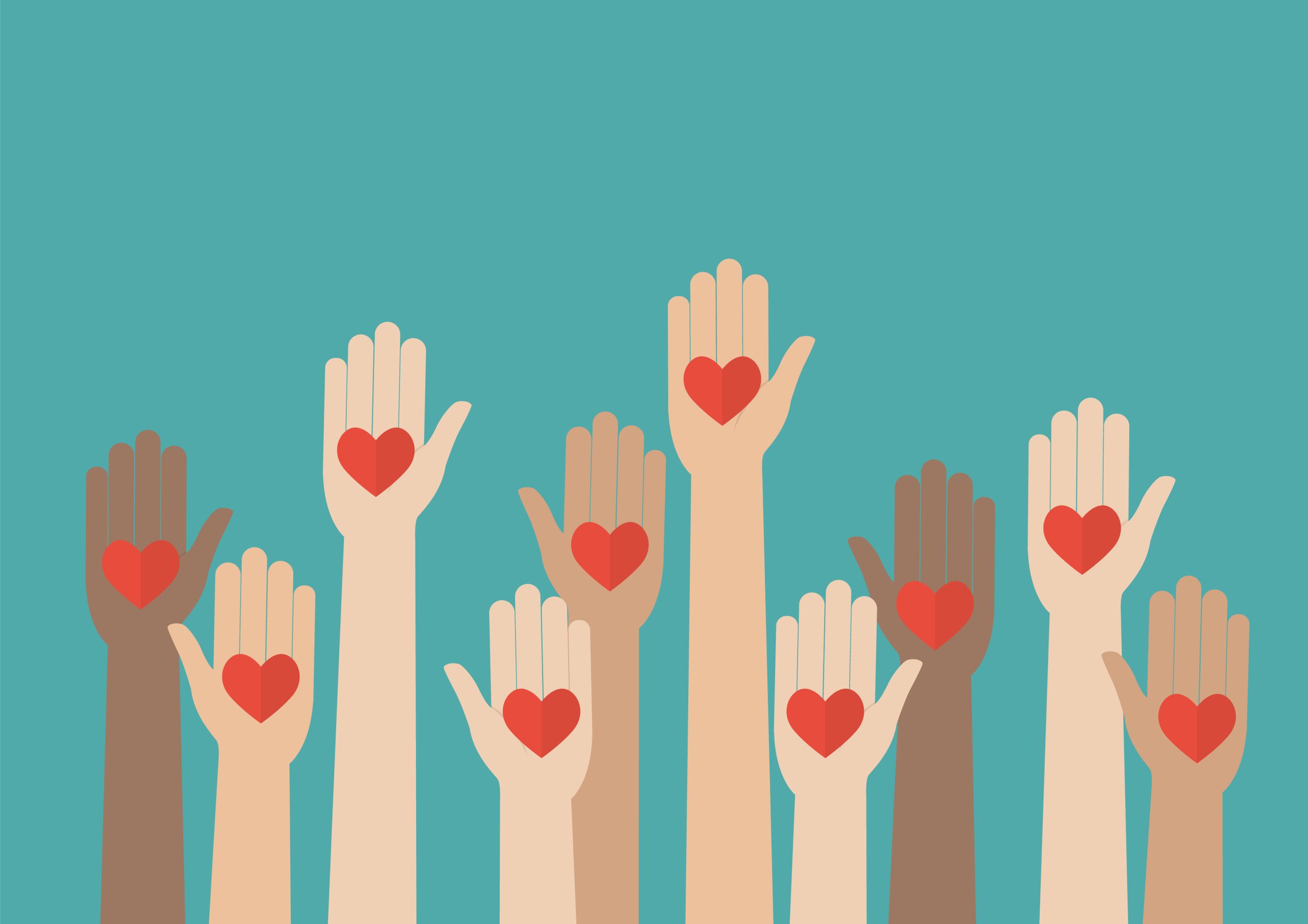 illustration of raised hands with hearts for volunteering